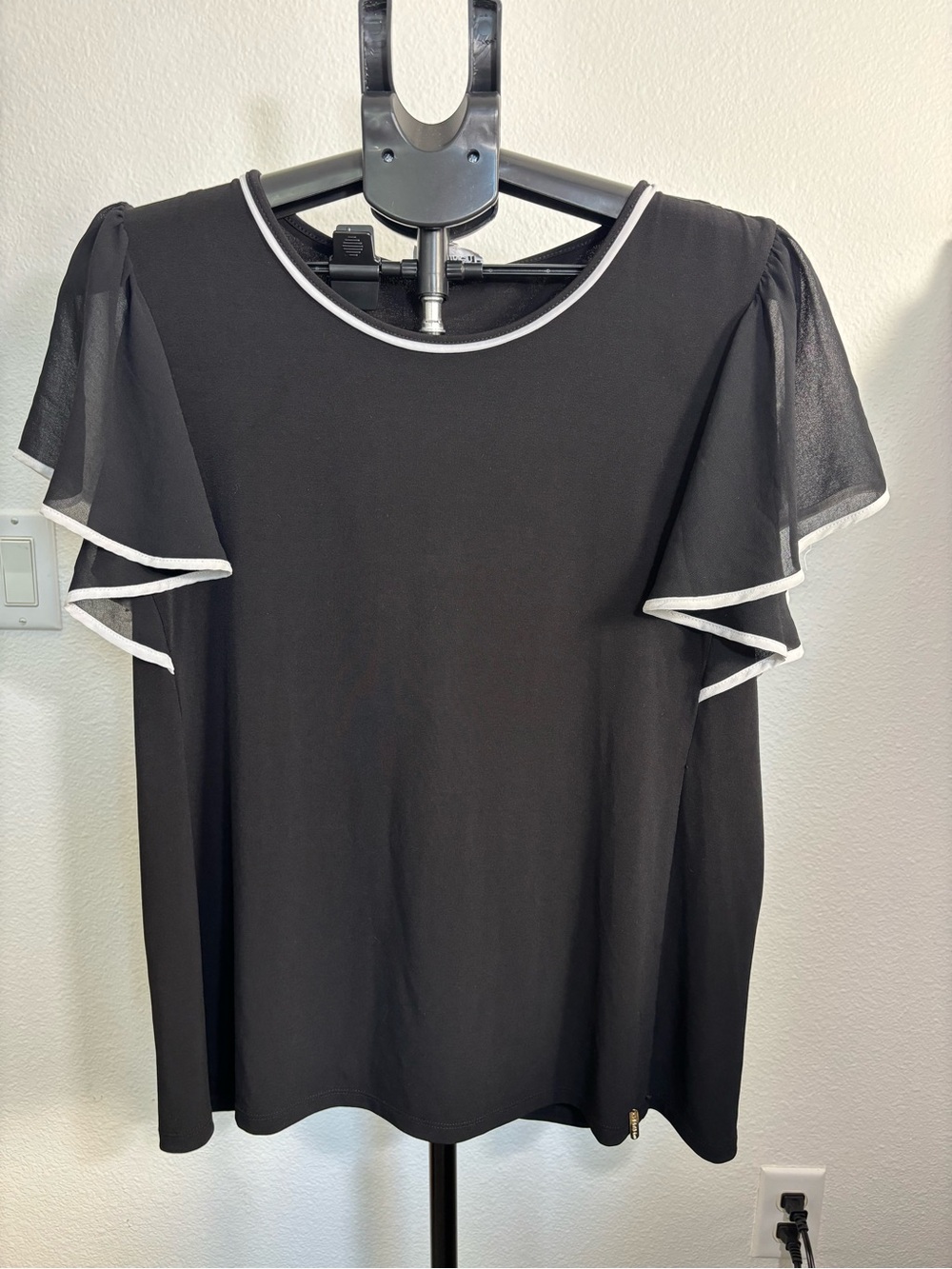 Calvin Klein Black Blouse with White Trim and Sheer Flutter Sleeves